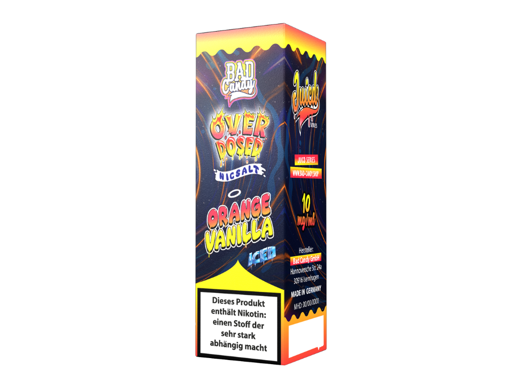 Verpackungsansicht von Bad Candy Liquids Juicd Nikotinsalz Orange Vanilla - 10ml, mit klarer Kennzeichnung der Nikotinstärken 10 mg/ml und 20 mg/ml.