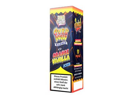 Verpackungsansicht von Bad Candy Liquids Juicd Nikotinsalz Orange Vanilla - 10ml, mit klarer Kennzeichnung der Nikotinstärken 10 mg/ml und 20 mg/ml.