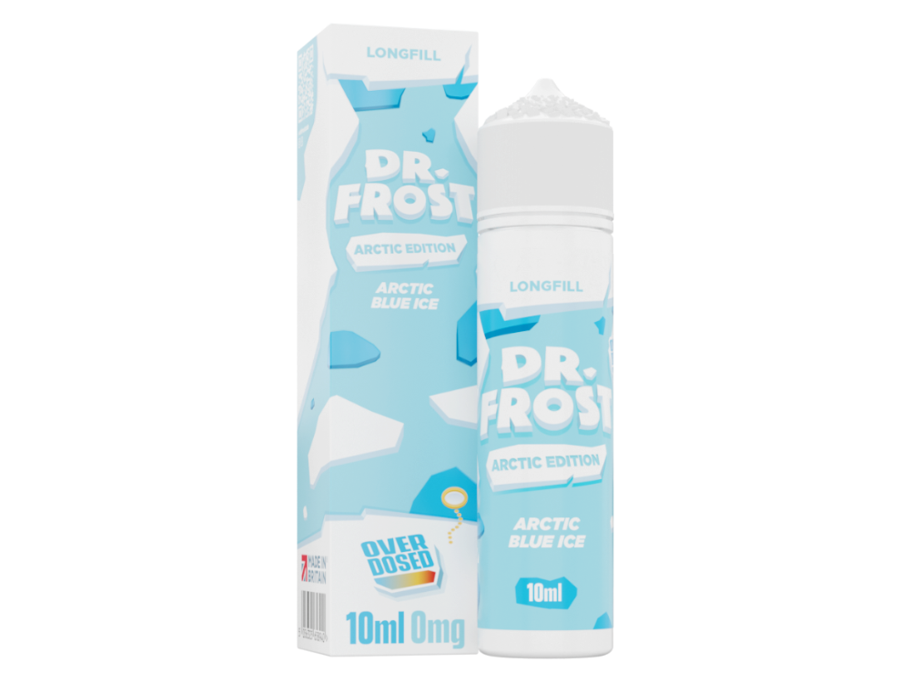 Dr. Frost - Arctic Edition - Aroma 10 ml - Arctic Blue Ice, Darstellung der Produktverpackung und Informationen über die erfrischende Kühle und Zuckerwatte.