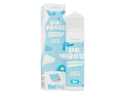 Dr. Frost - Arctic Edition - Aroma 10 ml - Arctic Blue Ice, Darstellung der Produktverpackung und Informationen über die erfrischende Kühle und Zuckerwatte.