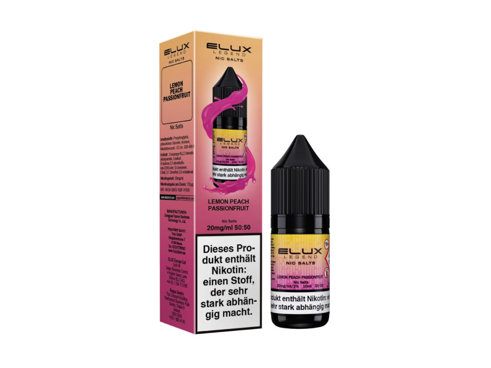 Elux Nikotinsalz Liquid Lemon Peach Passion - Optionen in 10 mg/ml und 20 mg/ml Nikotinstärke, ideal für Dampfer.