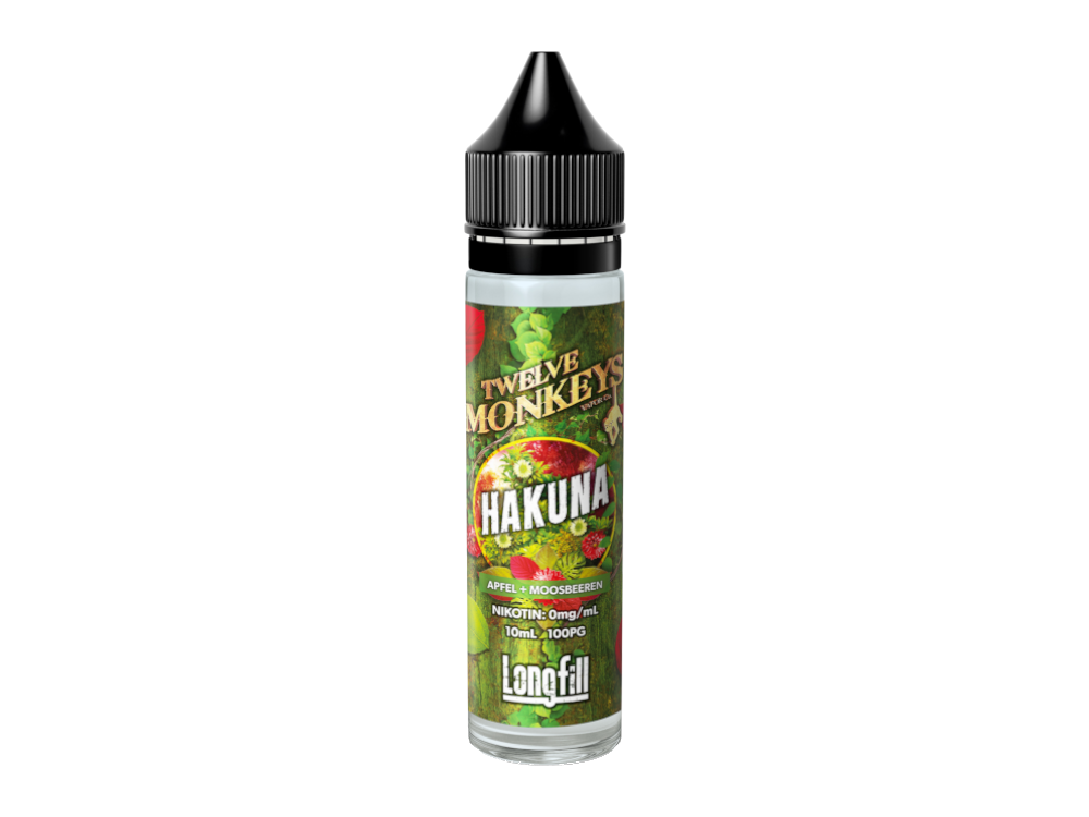 Produktabbildung des Twelve Monkeys Longfills 10ml Hakuna mit Apfel- und Cranberrygeschmack, ideal für E-Zigaretten.