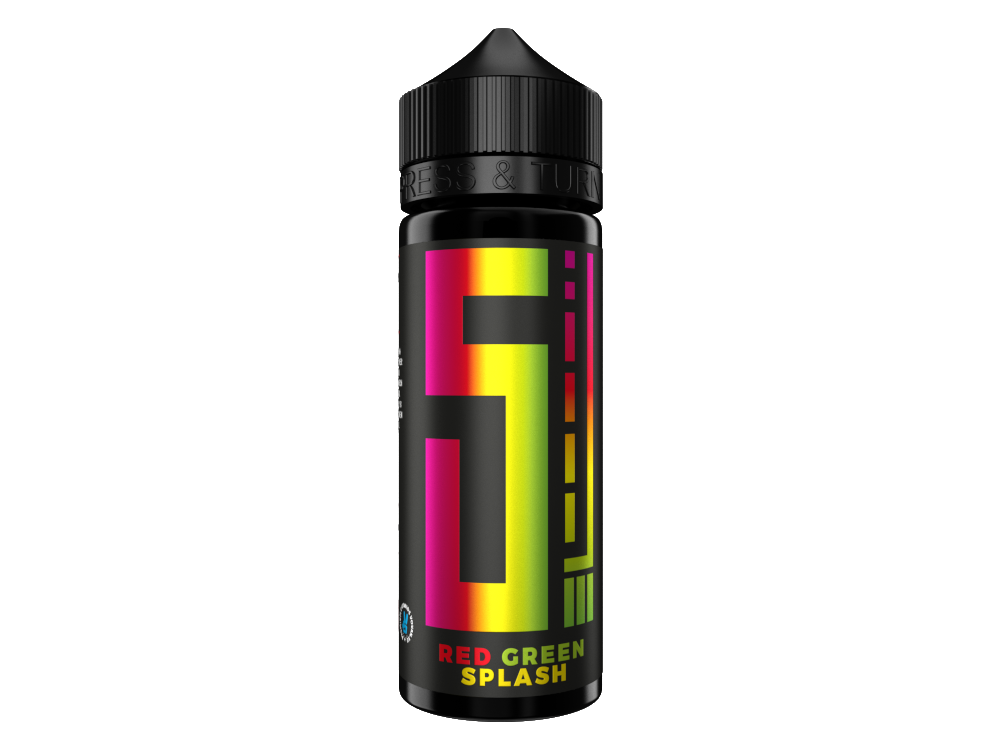 5EL Longfills 10 ml Red Green Splash Aroma für E-Zigaretten mit dem Geschmack von roten und grünen Äpfeln, in einer 120ml Chubby Gorilla Flasche.