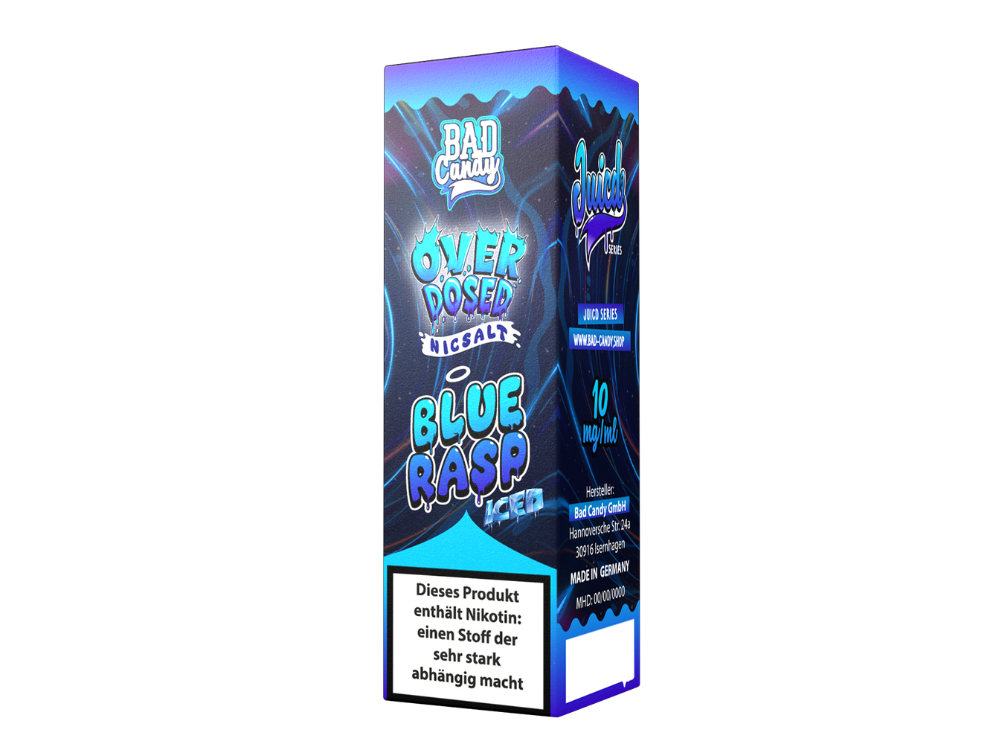 Illustration des Bad Candy Liquids Blue Rasp E-Liquids, das frische Blaubeeren und Himbeeren vereint, abgebildet in einer eleganten 10ml Flasche, optimale Wahl für Dampfer.