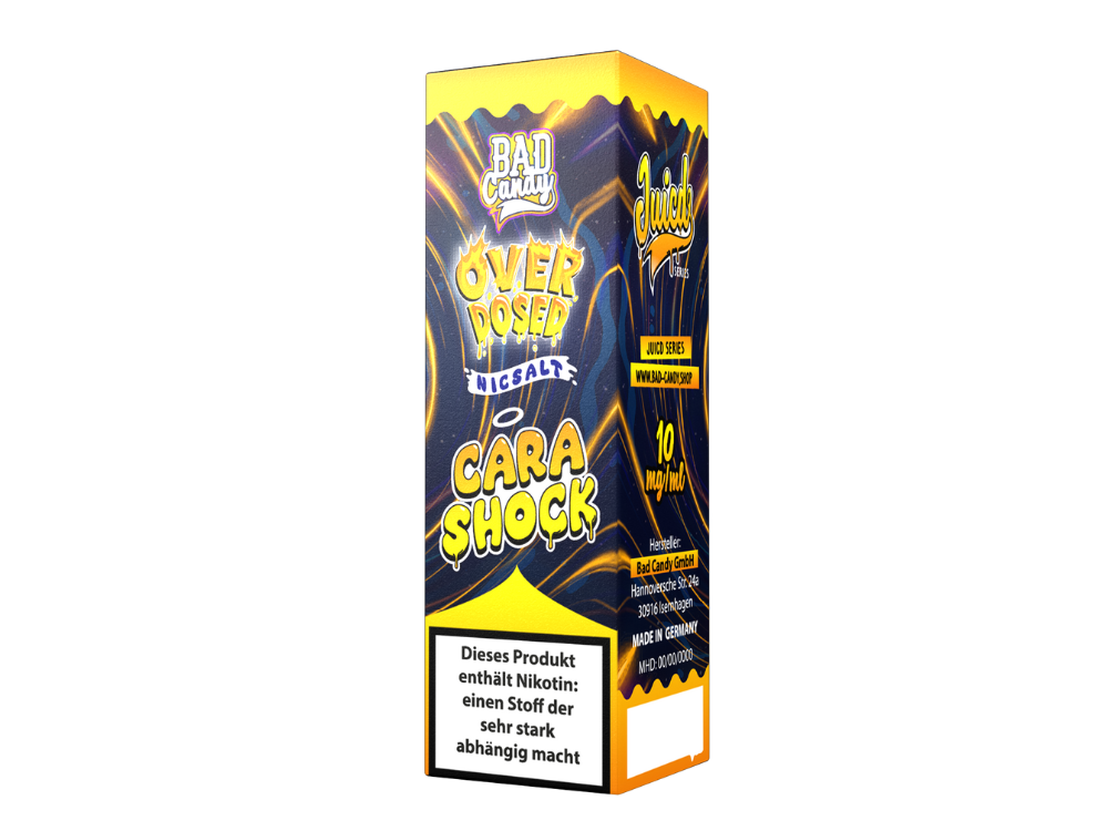 Bad Candy Nikotinsalz Liquid Overdosed Cara Shock in 10ml Flasche, mit Aromen von Keks, Karamell und Schokolade, erhältlich in 10mg und 20mg Nikotinstärke. Für E-Zigaretten geeignet.