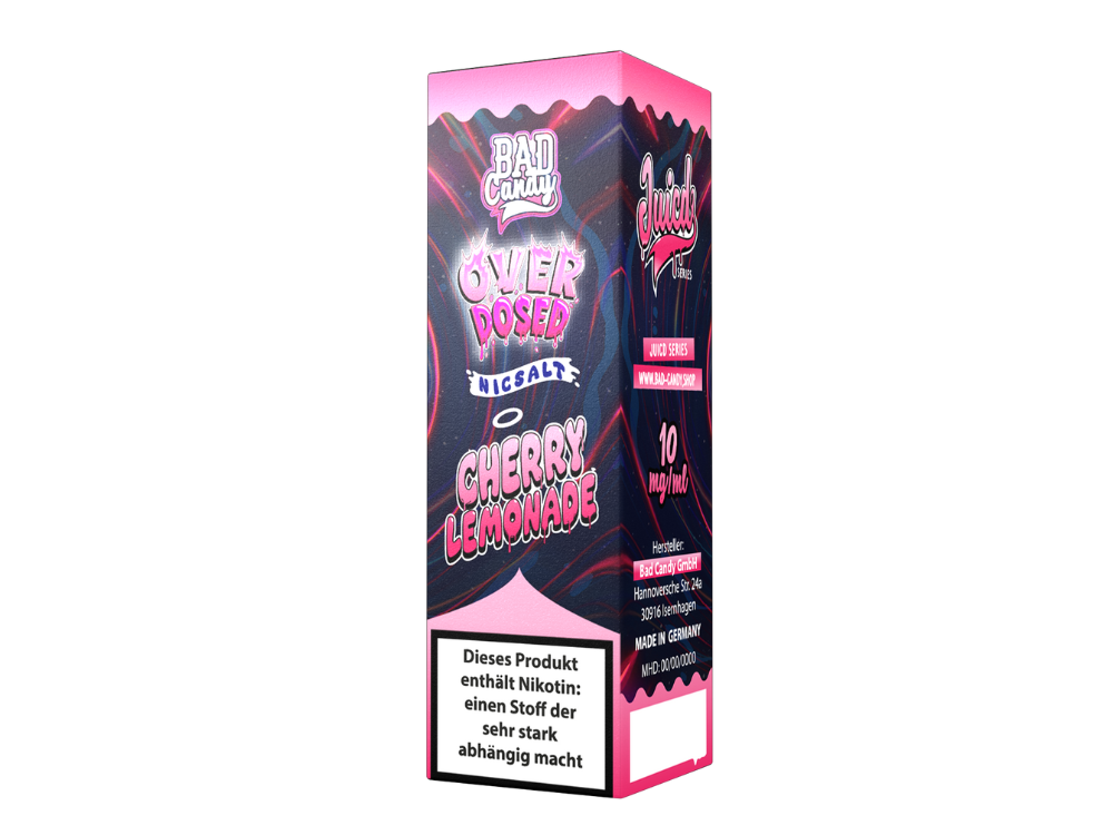 Bad Candy Juicd Cherry Lemonade Nikotinsalz Liquid in einer 10ml Flasche mit versiegeltem Deckel, ideal für E-Zigaretten. Die Verpackung zeigt ein ansprechendes Design mit Kirschen und Limetten-Symbolen, die den fruchtigen Geschmack repräsentieren.