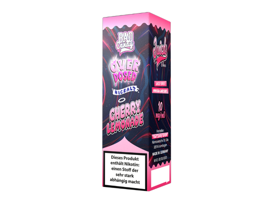 Bad Candy Juicd Cherry Lemonade Nikotinsalz Liquid in einer 10ml Flasche mit versiegeltem Deckel, ideal für E-Zigaretten. Die Verpackung zeigt ein ansprechendes Design mit Kirschen und Limetten-Symbolen, die den fruchtigen Geschmack repräsentieren.