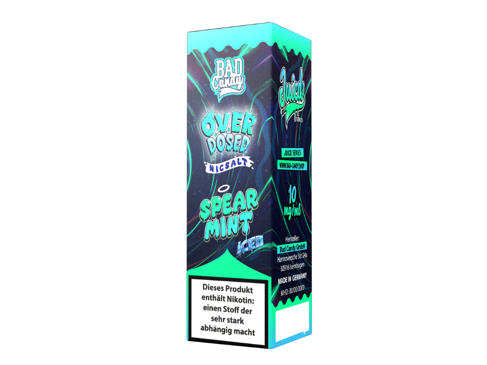 Bad Candy Liquids Juicd Spearmint Nikotinsalz 10ml Flasche mit erfrischendem Kaugummigeschmack, geeignet für E-Zigaretten, erhältlich in 10 mg/ml und 20 mg/ml.