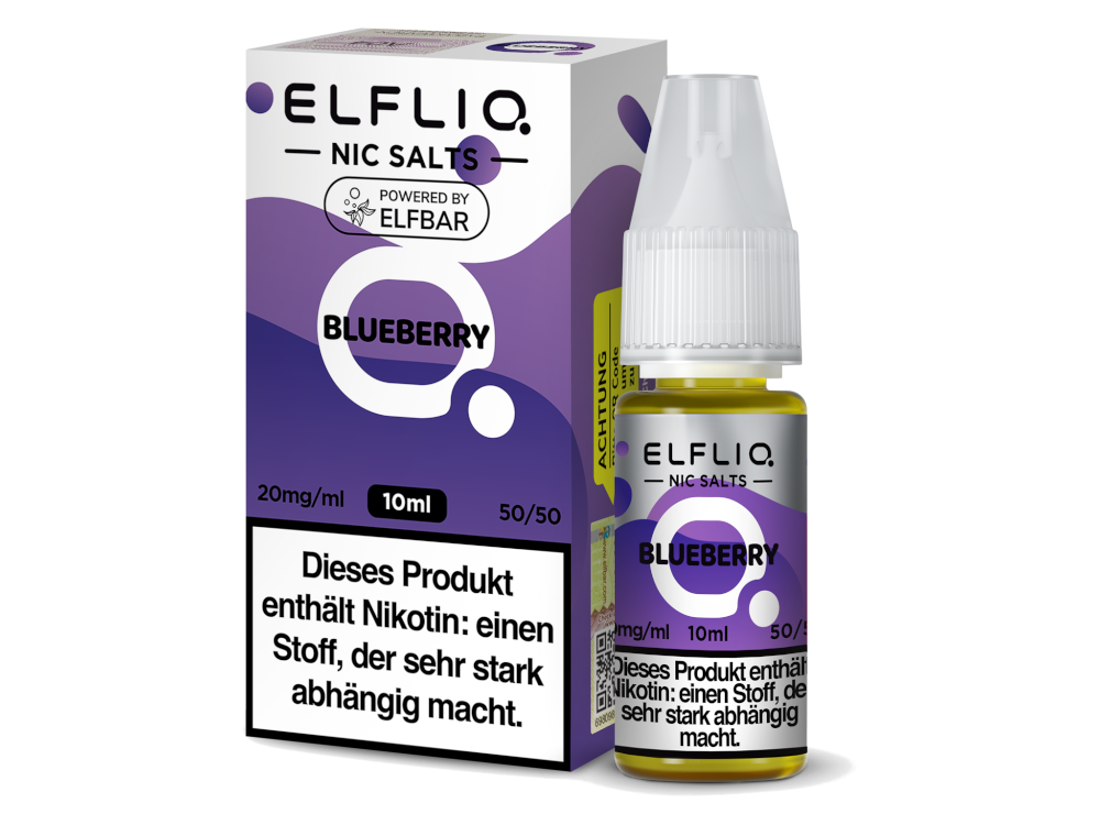 ELFLIQ Blueberry Nikotinsalz Liquid in einer 10ml Flasche, präsentiert mit einem fruchtigen Geschmack von Blaubeeren und verfügbaren Nikotinstärken von 10mg und 20mg.