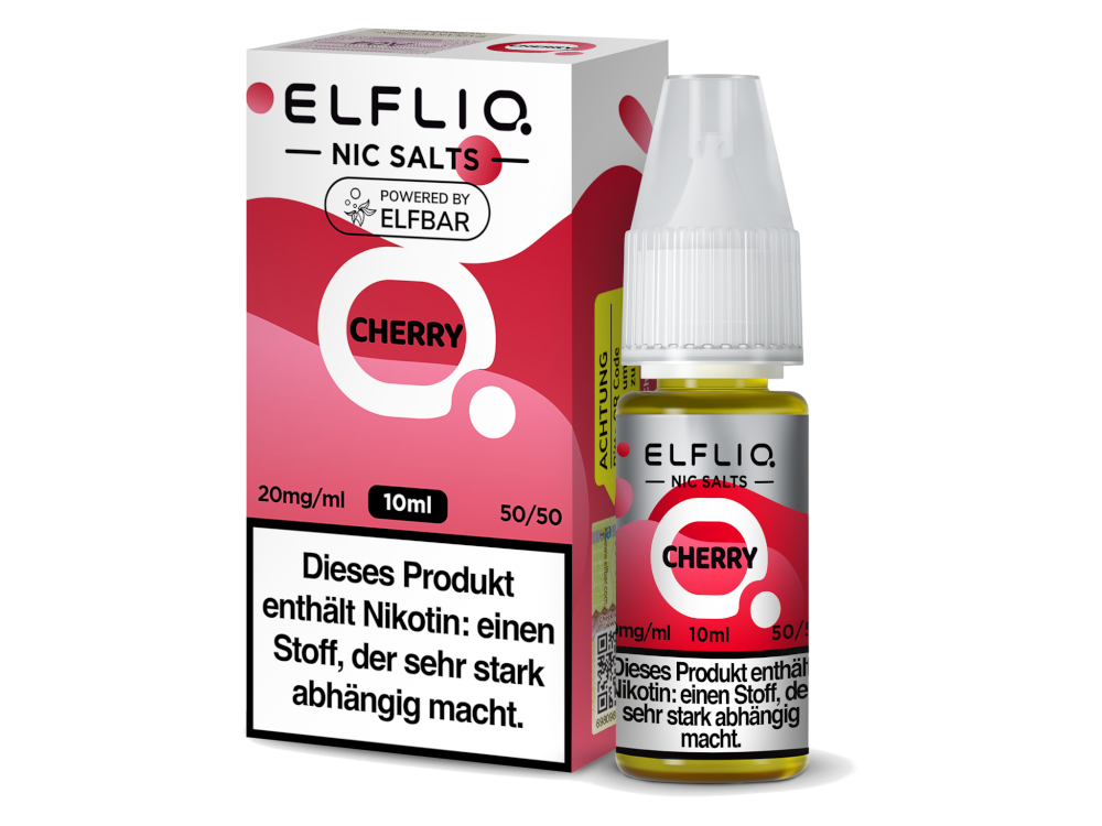 Detailansicht des ELFLIQ Cherry Nikotinsalz Liquids, zeigt die Verpackung und die Inhaltsstoffe auf einem weißen Hintergrund.