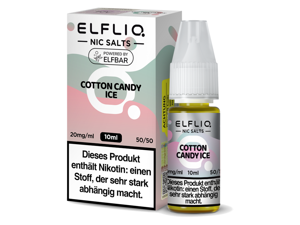 Verpackung des ELFLIQ Cotton Candy Ice Liquids in 10ml Flasche, erfrischend und fruchtig, erhältlich mit verschiedenen Nikotinstärken.