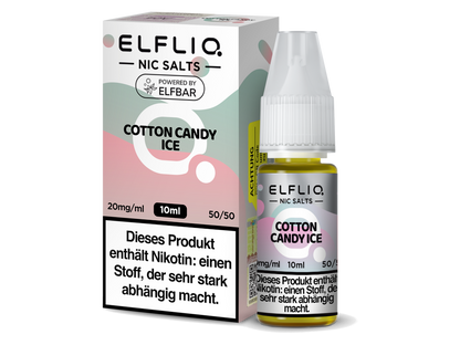 Verpackung des ELFLIQ Cotton Candy Ice Liquids in 10ml Flasche, erfrischend und fruchtig, erhältlich mit verschiedenen Nikotinstärken.