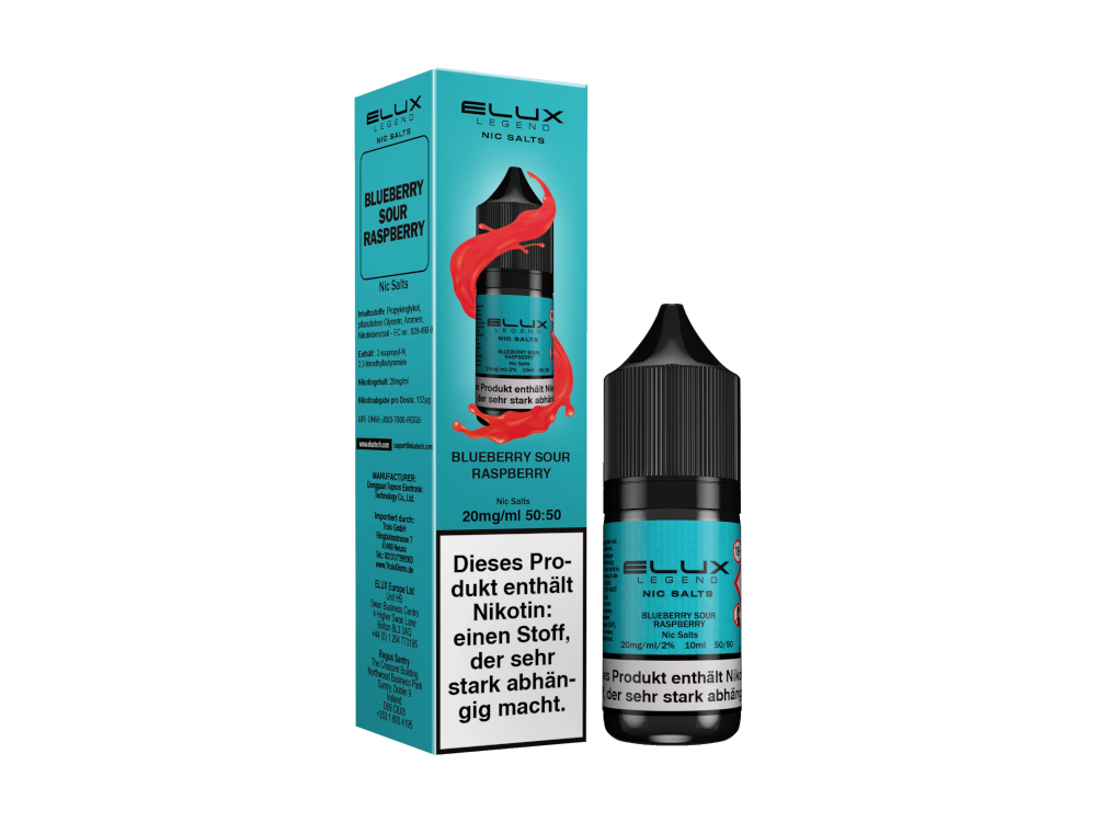 Elux Nikotinsalz Liquid Blueberry Sour Raspberry - 10 ml Flasche mit blauen Beeren und Himbeeren Geschmack, perfekt für E-Zigaretten, erhältlich in 10 mg/ml und 20 mg/ml.