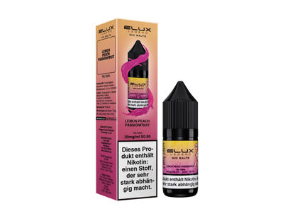 Elux Nikotinsalz Liquid Lemon Peach Passion - Eine 10 ml Flasche mit frischem Zitronen- und Pfirsichgeschmack, erhältlich in 10 mg/ml und 20 mg/ml Stärken, ideal für E-Zigaretten.