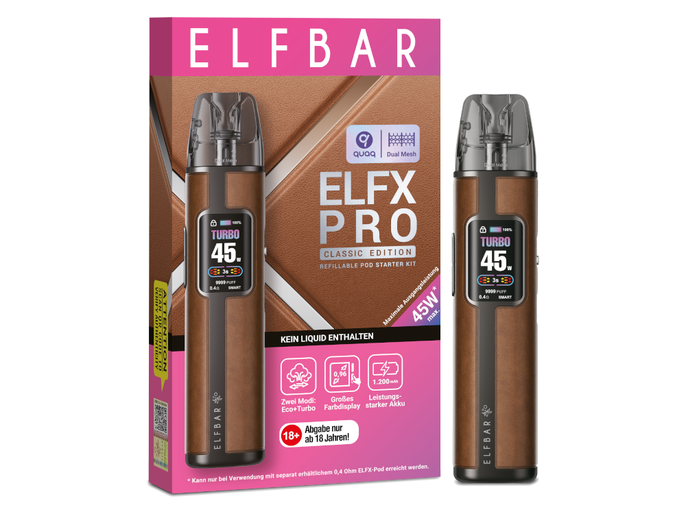 Elfbar - Elfx Pro E-Zigaretten Set mit 1200 mAh Akku, USB-C, Airflow & Top-Filling - Ansicht des kompletten Sets inklusive zwei Pods.