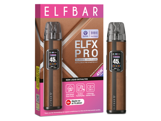 Elfbar - Elfx Pro E-Zigaretten Set mit 1200 mAh Akku, USB-C, Airflow & Top-Filling - Ansicht des kompletten Sets inklusive zwei Pods.