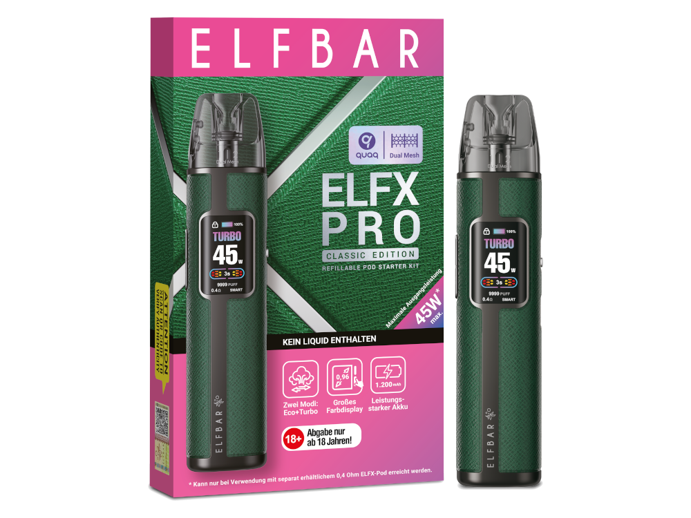 Detailaufnahme des Elfbar - Elfx Pro mit USB-C Anschluss und 0,96 Zoll Farbdisplay zur Anzeige der Betriebsinformationen.