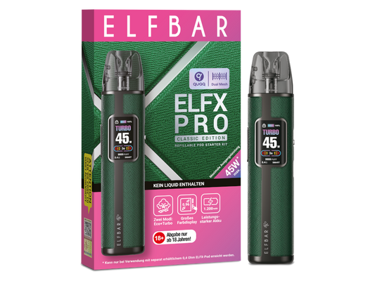 Detailaufnahme des Elfbar - Elfx Pro mit USB-C Anschluss und 0,96 Zoll Farbdisplay zur Anzeige der Betriebsinformationen.