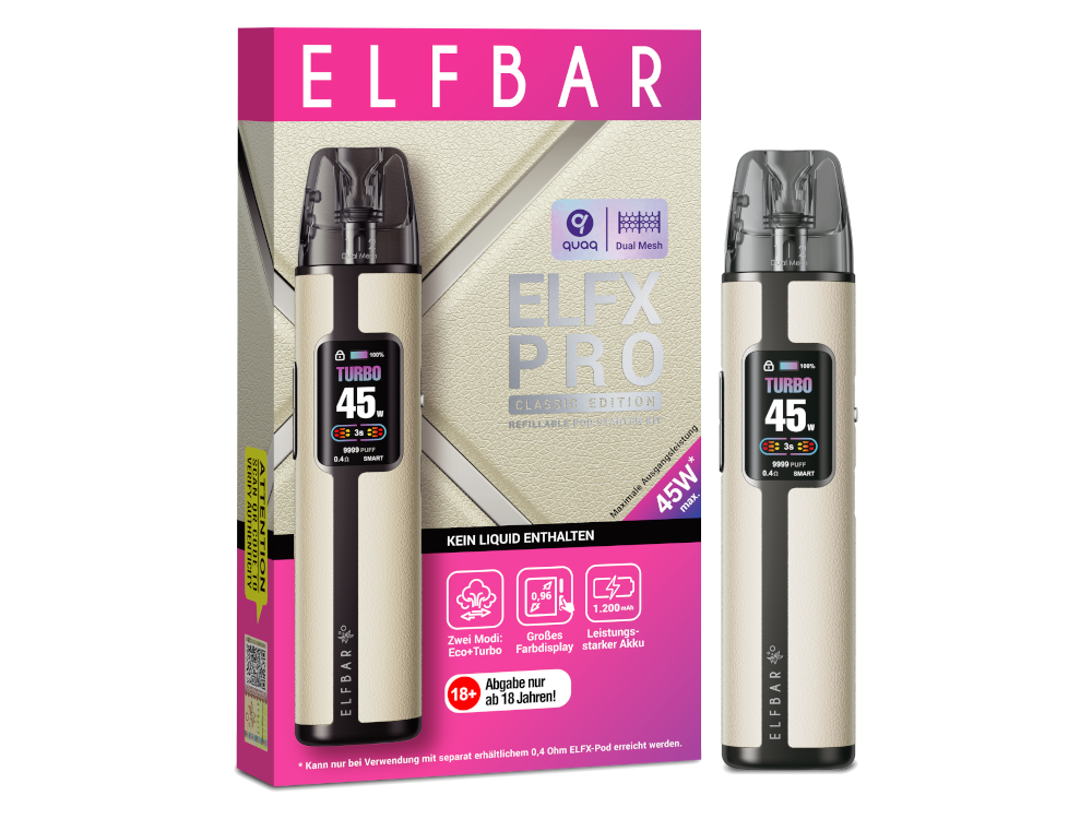 Elfbar - Elfx Pro mit zwei verschiedenen Pods - ein Pod mit 0,6 Ohm und ein weiterer mit 0,8 Ohm Dual Mesh Coil.