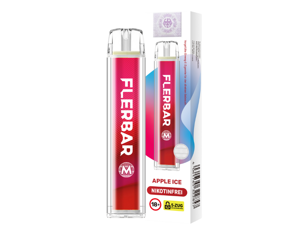 Verpackung der Flerbar M E-Zigarette, mit Details zu den Nikotinstärken und einer Übersicht der Geschmacksrichtungen.