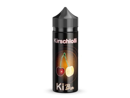 Kirschlolli - Longfills 10ml - KiBa Aroma mit intensiven Kirsch- und Bananengeschmack, abgebildet in einer 120ml Chubby Gorilla Flasche.