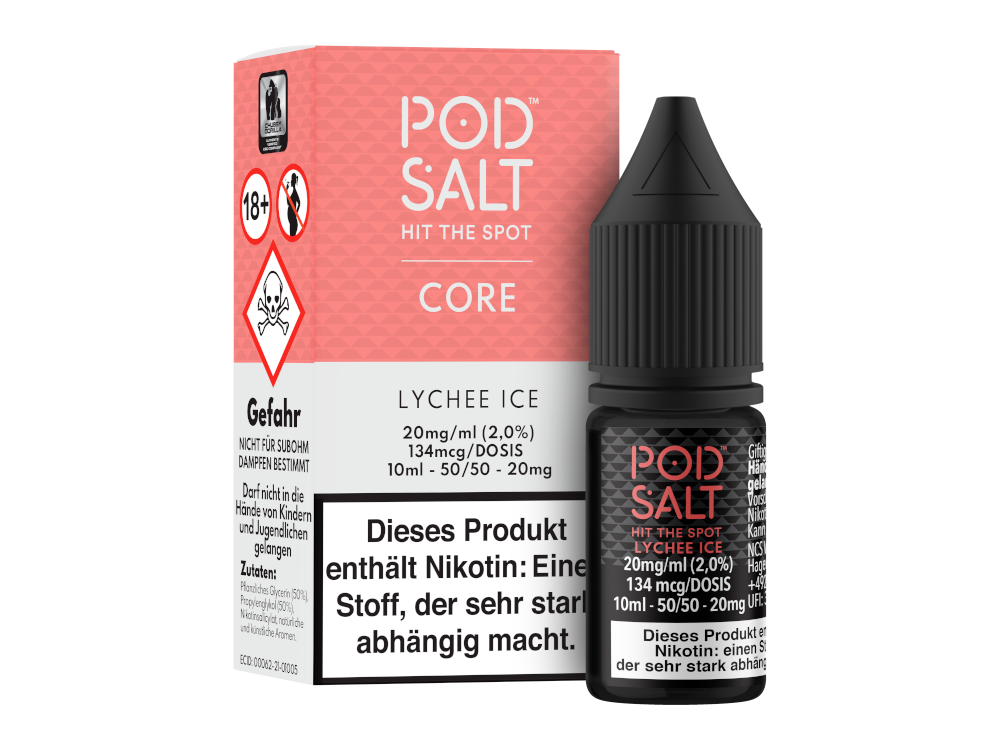 Pod Salt Core - Nikotinsalz Liquid - Lychee Ice, 10ml Flasche mit kühlem Lycheearoma, ideal für E-Zigaretten, erhältlich in 11 mg/ml und 20 mg/ml Stärke.