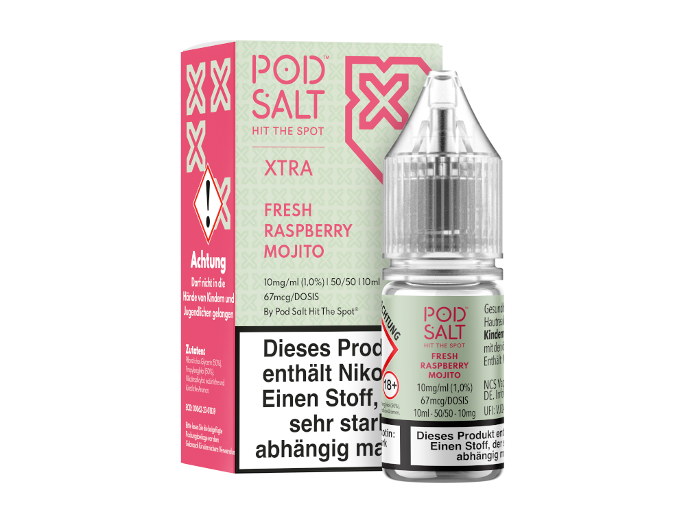 Pod Salt X - Nikotinsalz Liquid - Fresh Raspberry Mojito, das perfekte E-Liquid für Dampfer, die fruchtige und kühle Aromen lieben, erhältlich mit 10 mg/ml oder 20 mg/ml Nikotin.