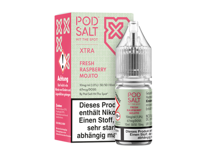 Pod Salt X - Nikotinsalz Liquid - Fresh Raspberry Mojito, das perfekte E-Liquid für Dampfer, die fruchtige und kühle Aromen lieben, erhältlich mit 10 mg/ml oder 20 mg/ml Nikotin.