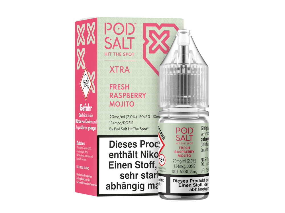Pod Salt X - Nikotinsalz Liquid - Fresh Raspberry Mojito, ein erfrischendes Liquid mit Geschmack von Himbeere, Minze und Zitrusfrüchten in einer 10 ml Flasche.
