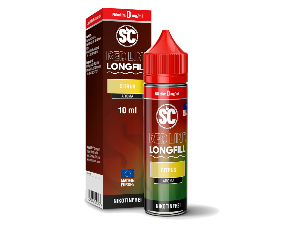 SC Red Line Longfill Aroma 10 ml mit intensivem Zitrusgeschmack für E-Zigaretten. Hochkonzentrierte Aromastoffe in der Sorte Citrus von SC Red Line, ideal für Dampfer, die frische Zitrusnoten bevorzugen.