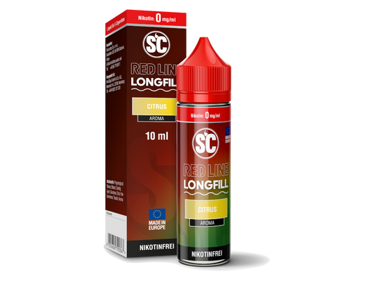 SC Red Line Longfill Aroma 10 ml mit intensivem Zitrusgeschmack für E-Zigaretten. Hochkonzentrierte Aromastoffe in der Sorte Citrus von SC Red Line, ideal für Dampfer, die frische Zitrusnoten bevorzugen.