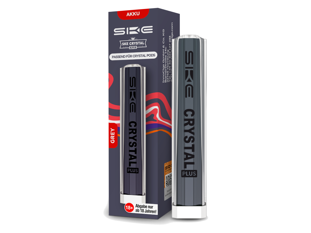 SKE Crystal Plus Akku 400 mAh von RavenSmoke DE, Bild des Akkus in Verwendung mit kompatiblen Pods.