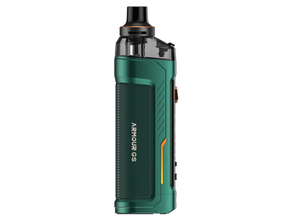 Vaporesso E-Zigaretten Set ARMOUR GS, mit anpassbarem Luftstrom, steht im Fokus mit einem düsterem Hintergrund.