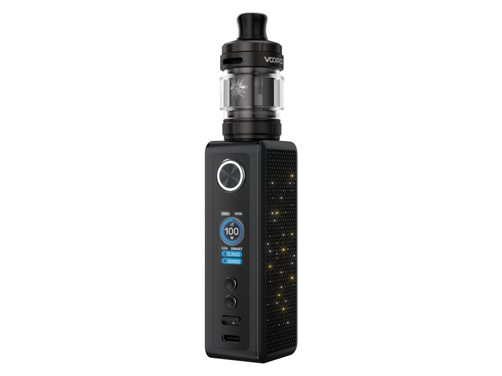 VooPoo VINCI Spark 100 E Zigaretten Set mit 100W Leistung, UFORCE-X Nano Clearomizer und Top-Filling, abgebildet in verschiedenen Perspektiven.