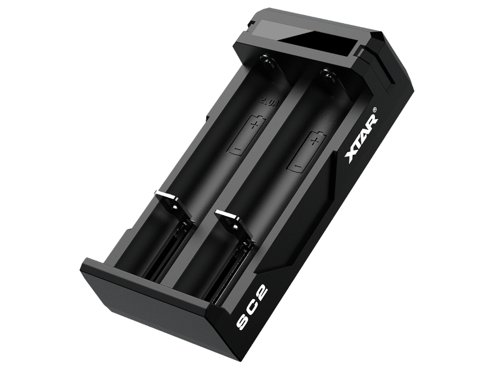 XTAR SC2 Ladegerät zur schnellen Aufladung von 2 Li-Ion Akkus, kompatibel mit 18650 bis 26650 Akkugrößen, zeigt LED-Indikator für Ladefortschritt.