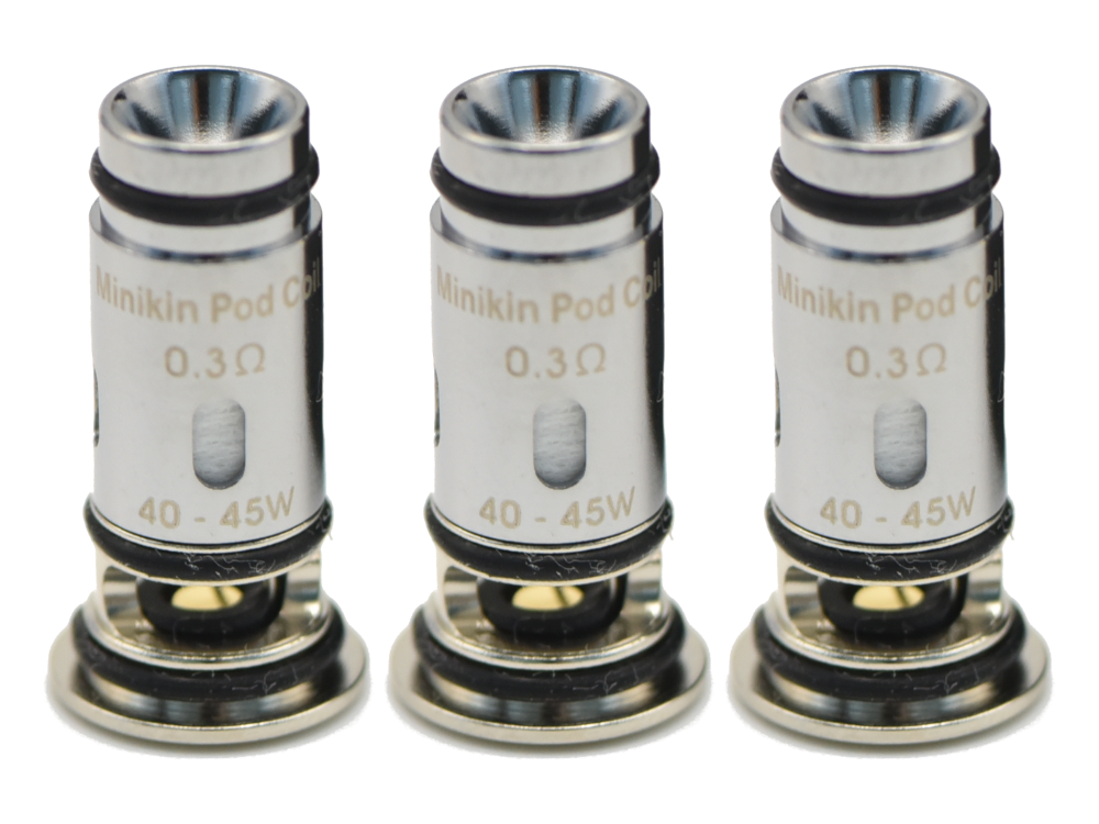 AsMODus Minikin Pod Heads in der Verpackung: 3 Stück mit 0,3 Ohm und 0,8 Ohm Widerstand, geeignet für unterschiedliche Inhalationsarten.