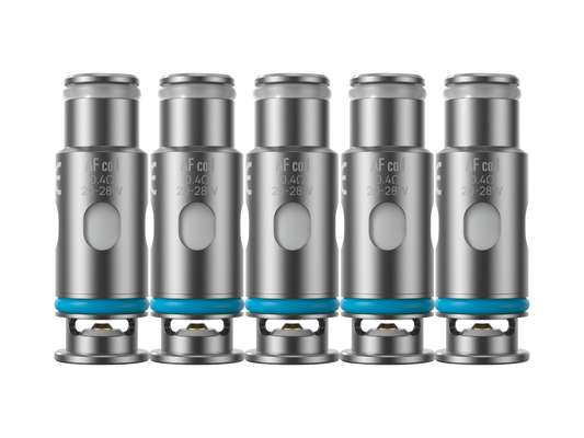 Aspire AF Meshed Heads Set mit Widerständen von 0,4 Ohm, 0,6 Ohm und 1,0 Ohm auf einem neutralen Hintergrund, verpackt als 5er Set für Dampfer.
