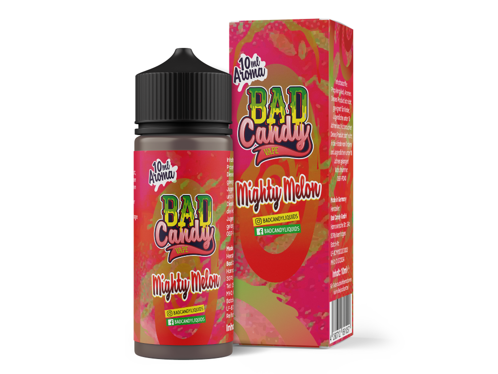 Bad Candy Aroma Mighty Melon 10ml - Hochdosiertes Wassermelonen-Konzentrat mit Koolada, präsentiert in einer eleganten Flasche, geeignet für E-Zigaretten. Ein geschmackliches Erlebnis aus Wassermelone, Honigmelone und Zitronenlimonade.