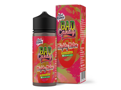Bad Candy Aroma Mighty Melon 10ml - Hochdosiertes Wassermelonen-Konzentrat mit Koolada, präsentiert in einer eleganten Flasche, geeignet für E-Zigaretten. Ein geschmackliches Erlebnis aus Wassermelone, Honigmelone und Zitronenlimonade.