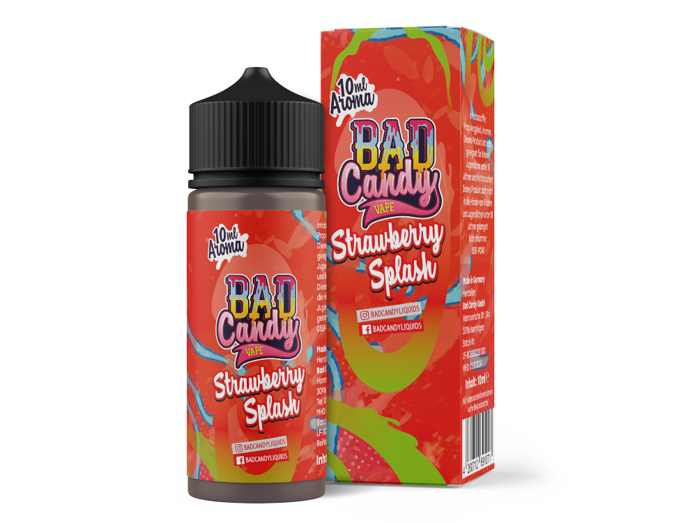 Bad Candy Aroma Strawberry Splash 10ml - Bild des Produkts mit auffälliger Verpackung, ideal für Dampfen mit Erdbeer-Geschmack.