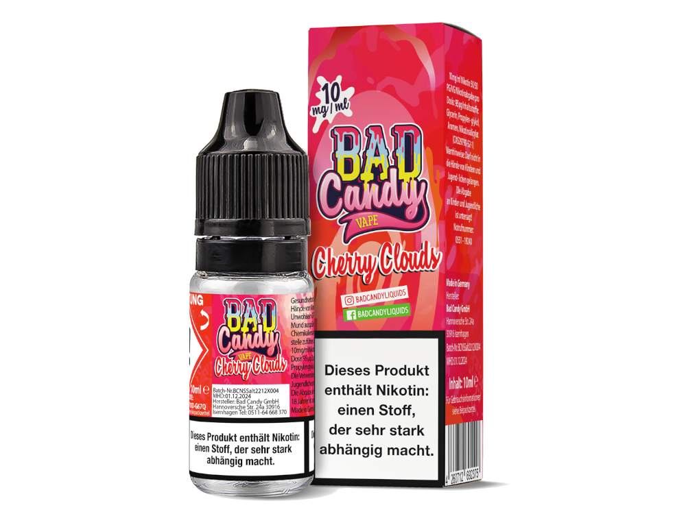 Detailaufnahme der Bad Candy Liquids Cherry Cloud Nikotinsalz Flasche, die die fruchtige Note von Kirschen und Zitrusfrüchten verkörpert.