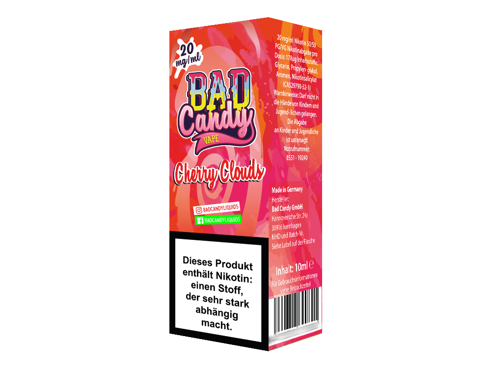 Bad Candy Liquids Cherry Cloud Nikotinsalz - 10ml Flasche mit fruchtigem Kirsch-Zitronen-Limonen Geschmack, ideal zum Dampfen.