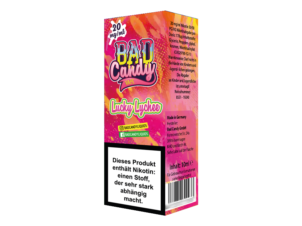 Bad Candy Liquids Lucky Lychee Nikotinsalz Liquid 10ml - Genießen Sie den fruchtigen Geschmack von Lychee, Maracuja und Zitrone in Ihrer E-Zigarette.