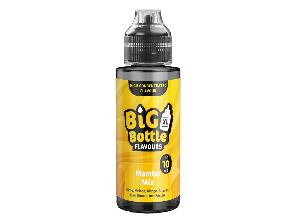 Big Bottle - Longfills 10 ml - Mambo Mix von RavenSmoke DE, ein intensives Longfill-Aroma mit den Geschmäckern Birne, Melone, Mango, Ananas, Kiwi, Kirsche und Frische.