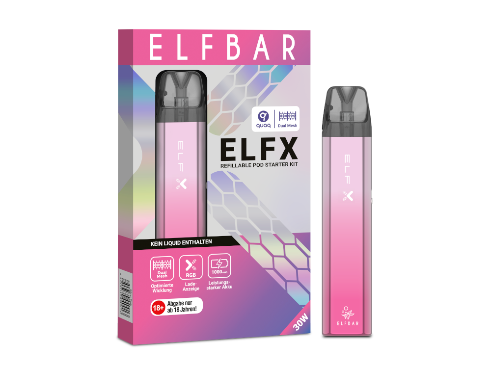 Elfbar - Elfx E-Zigaretten Set mit 1000 mAh Akku, 2ml Tank & stufenloser Airflow-Control, zeigt den Akzent auf den eleganten Akkukörper und die sorgfältige Verarbeitung.