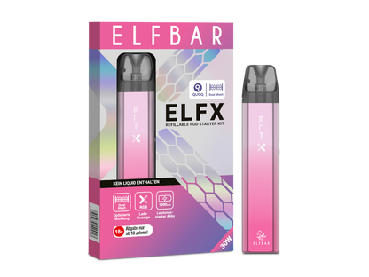 Elfbar - Elfx E-Zigaretten Set mit 1000 mAh Akku, 2ml Tank & stufenloser Airflow-Control, zeigt den Akzent auf den eleganten Akkukörper und die sorgfältige Verarbeitung.