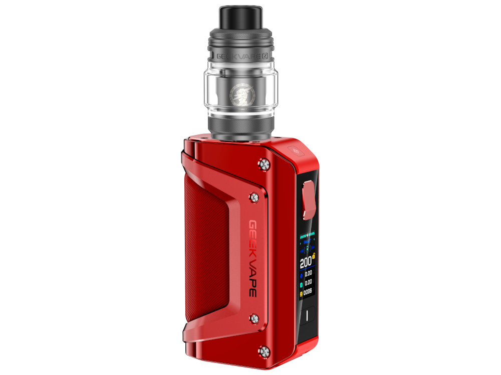 Heller Bildschirm des GeekVape - Aegis Legend 3, der alle wichtigen Dampfparameter anzeigt.