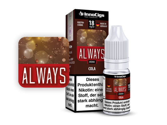 InnoCigs E-Liquid Flasche, die die Zutatenliste und die Geschmacksrichtung Cola zeigt.