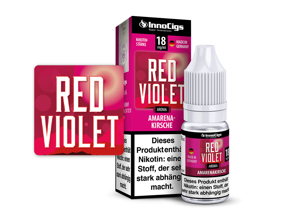 InnoCigs Liquid für E-Zigaretten in Rot-Violett, Geschmack von Amarenakirsche, 10ml Flasche.