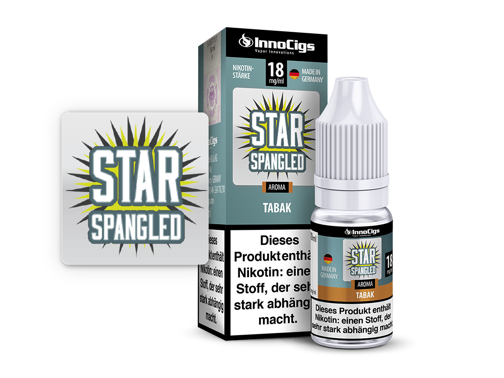 InnoCigs - Star Spangled Tabak - Liquid für E-Zigaretten, Detailansicht der Inhaltsstoffe und Nikotinstärken.